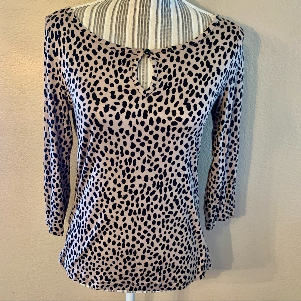 Banana Republic Top Small Tan Black Animal Print Keyhole 3/4 Sleeves Rayon